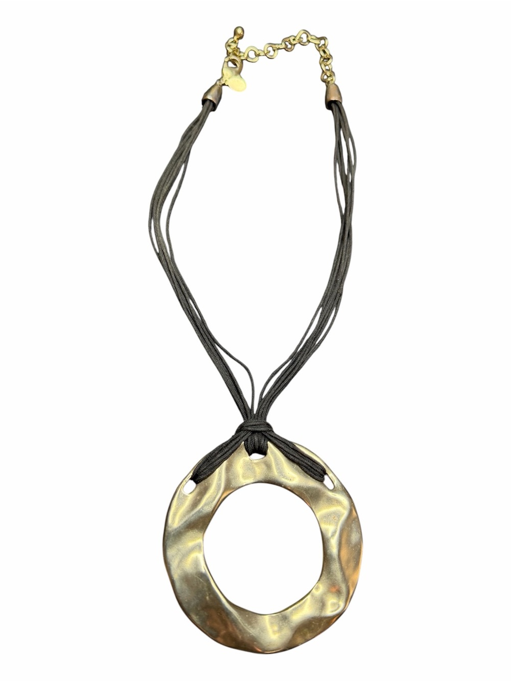 Chico's Gold Hammered Open Circle Pendant Necklace with Black silk Cord